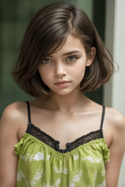 Gadis kecil very short black haircut bogel, half body portrait. Highly detailed quality, naked flat breasts, puting tebal. Transparent V neck bowknot lace hem ruffle print cami top