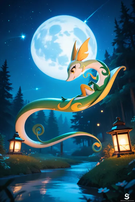 Serperior,, in a small clearing in the forest,Night,big moon,the moon is shining brightly,bright stars in the sky, northern lights,4K