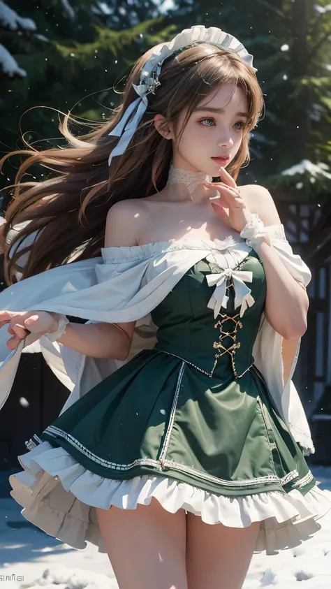 8k,  best quality , masterpiece,   realistic dressed in the picture ,  Happy and Hides Your Face ,  dark green lolita costume with bare shoulders, race,  Aerith Gainsborough, whole body, underwear,  My bare shoulders are exposed, outside, outside, Snow cov...