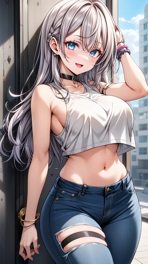 kujou sara genshin long shirt effect ,   masterpiece, bestquality, 1girls, alone,   crop top,  jean jan  , (  big breasts)  berm...