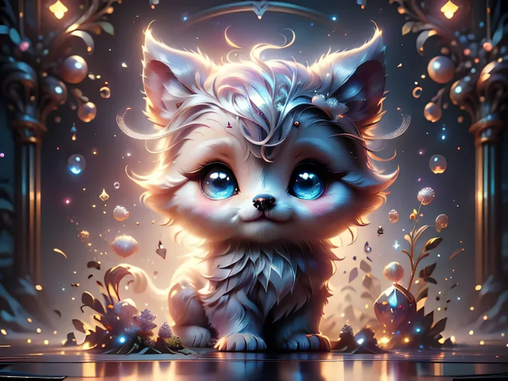 Magical Fantasy Creature, (Best Quality, Masterpiece, Representative Work, Official Art, Professional, Super Detailed, 8k:1.3), (Photorealism:1.2) Super Cute, Big Eyes, Soft, Soft Nose, Fluffy, Two-Toothed Smile, A baby white unearthly creature has big blu...