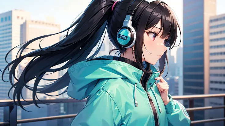 A young girl with black hair is wearing stylish clothes and headphones labeled "Lo-Fi." She is shown in profile, with a calm and serene expression as she gazes into the distance. Her hair is meticulously detailed, and her outfit is crafted with great atten...