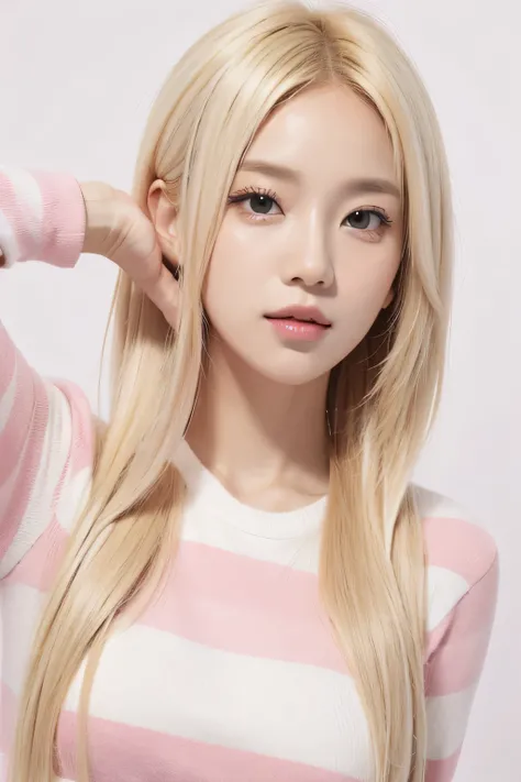 Blonde hair with pink stripes, K-pop, white background, tilted angle, pose, 