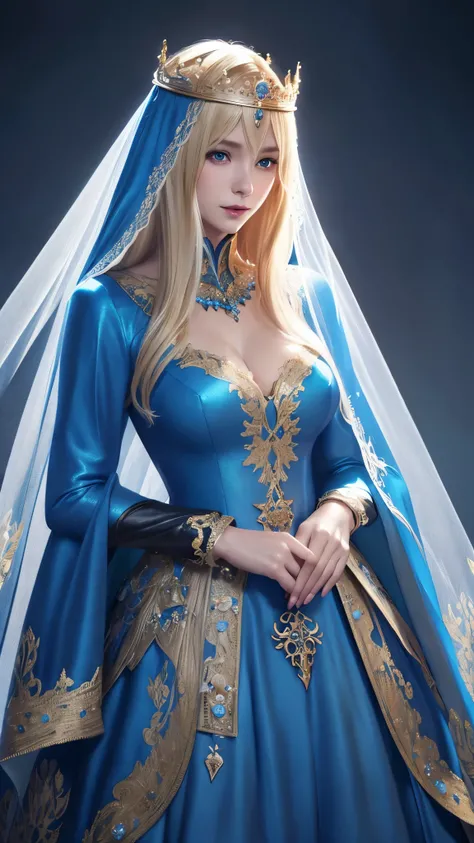 blond haired woman in blue dress with veil and veil over head, beautiful fantasy maiden, detailed fantasy art, beautiful fantasy art, blonde - haired princess, artgerm on artstation pixiv, beautiful maiden, ((a beautiful fantasy empress)), 2. 5 d cgi anime...