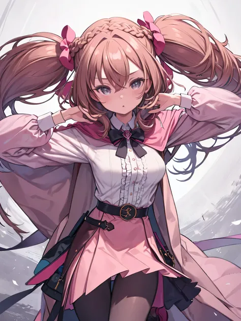 (masterpiece,  best quality),  one girl , Rotate,Long Hair, braiding , twin tails, hair between eyes,  hair bow, Hair Accessory, Big Breasts ,(Cape:1.2),tie, shirt,pink  shirt, Long Sleeve ,belt, pink skirt, pantyhose, Loafers,Brown footwear, Showing panti...