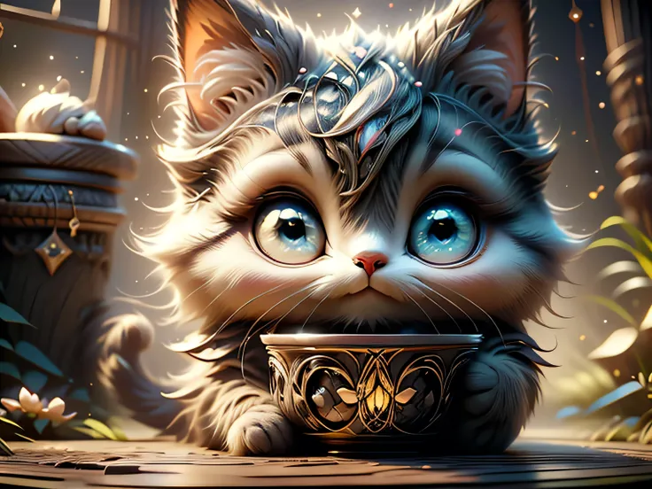 Magical Fantasy Creature, (Best Quality, Masterpiece, Representative Work, Official Art, Professional, Super Detailed, 8k:1.3), (Photorealism:1.2) Super Cute, Big Eyes, Soft, Soft Nose, Fluffy, Two-Toothed Smile, Cheshire Cat Holding a Cup, Realistic, Beau...