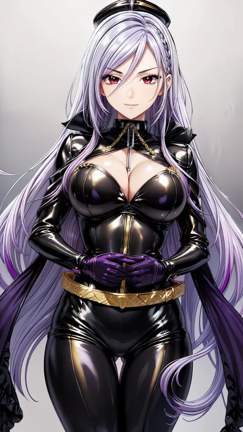 (masterpiece, best quality, beautiful and aesthetic:1.3),1woman, ((very mature woman)),(30 years old, thirties), solo, light smile,  (silver hair streaked white:1.4), (Gradient purple hair ends:1.6), hair strand, absurdly long hair, single sidelock, wavy h...