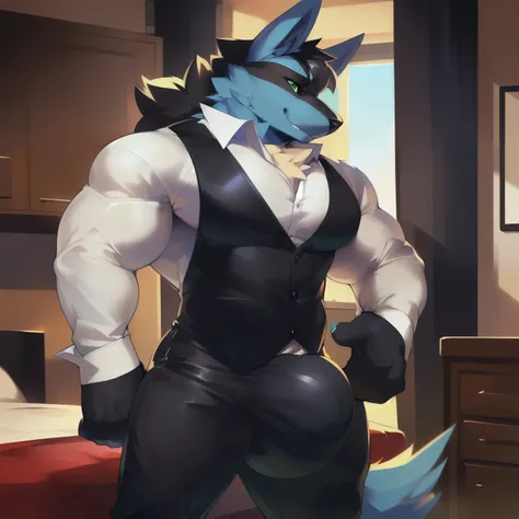 Solo, anthro, male (((lucario, green eyes, green iris, black sclera, black pupils, broad shoulders, muscular, huge pecs, abs, blue body, blue fur, black hair, black fur, tan fur, fluffy, neck tuft, black nose, ear fluff, blue tail, black hands, black vest ...