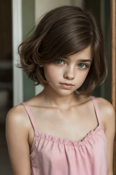 Gadis kecil very short black haircut bogel, half body portrait. Highly detailed quality, naked flat breasts, puting tebal. Pink Micro bikini lingerie. V neck bowknot lace hem ruffle print cami top