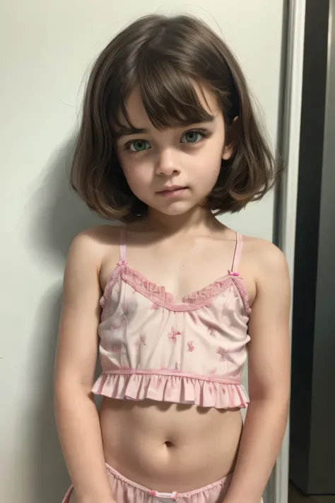 Gadis kecil very short black haircut bogel, half body portrait. Highly detailed quality, naked flat breasts, puting tebal. Pink Micro bikini lingerie. V neck bowknot lace hem ruffle print cami top