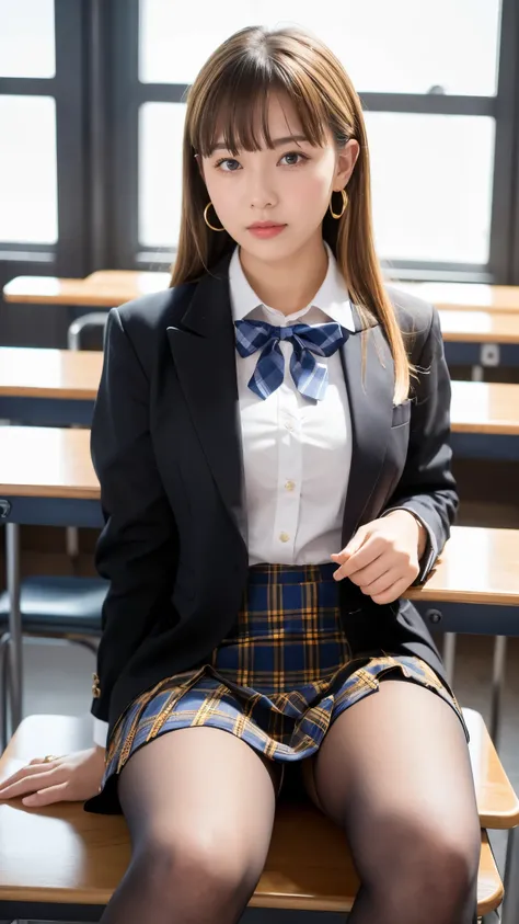 (Highest quality, 4K, 8k, High resolution, masterpiece, Genuine, Realistic, Realistic:1.3), (upper body), Girl sitting on the school desk in classroom, blue bow-tie Uniform, Dark Blown Blazer, blown plaid skirt, Ear piercing, Gal Makeup, wearing white call...