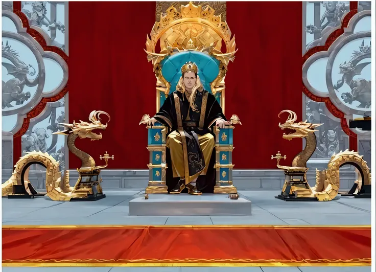 a close up of a person sitting on a throne with dragon statues, in a throne room, sitting on golden throne, sitting on a golden throne, sitting in a gilded throne, decadent throne room, throne room, sitting on his throne, sat in his throne, sit on throne, ...