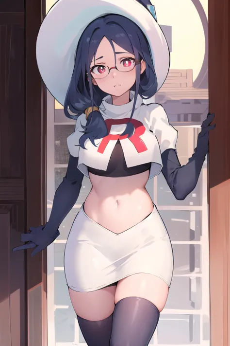 ((best quality)), ((highly detailed)), masterpiece, absurdres, (detailed eyes, deep eyes), (1girl), urca, blue hair, side ponytail, red eyes, white pupils, glasses, breasts, witch hat, team rocket,team rocket uniform,white skirt,red letter R,crop top,black...