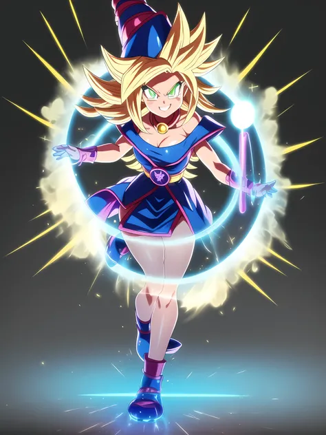 
dbsuper style, (extremely detailed CG unity 4k wallpaper),(masterpiece),(ultra quality),(ultra-detailed),(best illustration),(best shadow),(absurdres),masterpiece, best quality, cinematic light, 1girl, grin, dark magician girl, blonde hair, blue headwear,...