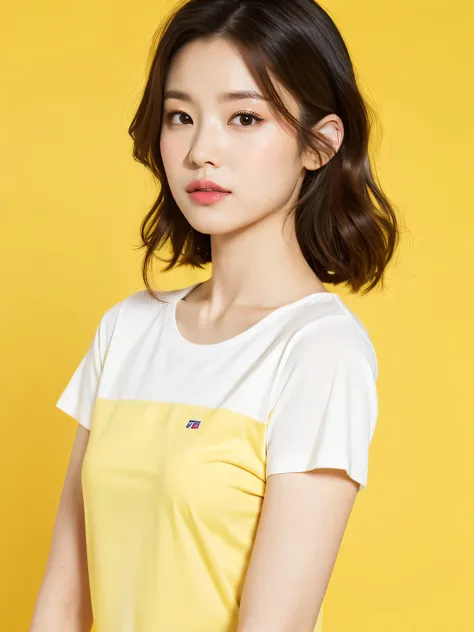 Best quality,masterpiece,ultra high res,(photorealistic:1.4),1girl, White short-sleeved T-shirt, in studio, pastel yellow background,