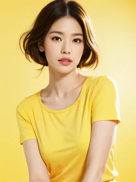 Best quality,masterpiece,ultra high res,(photorealistic:1.4),1girl, White short-sleeved T-shirt, in studio, pastel yellow background,