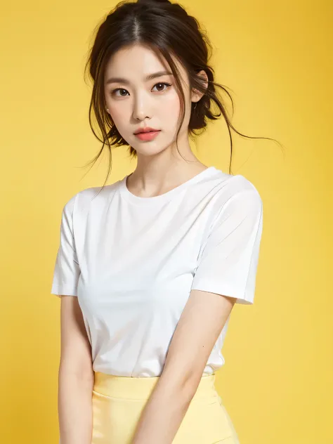 Best quality,masterpiece,ultra high res,(photorealistic:1.4),1girl, White short-sleeved T-shirt, in studio, pastel yellow background, Random body orientation,