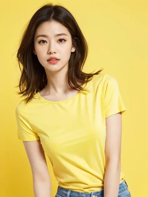 Best quality,masterpiece,ultra high res,(photorealistic:1.4),1girl, White short-sleeved T-shirt, in studio, pastel yellow background, Random body orientation,