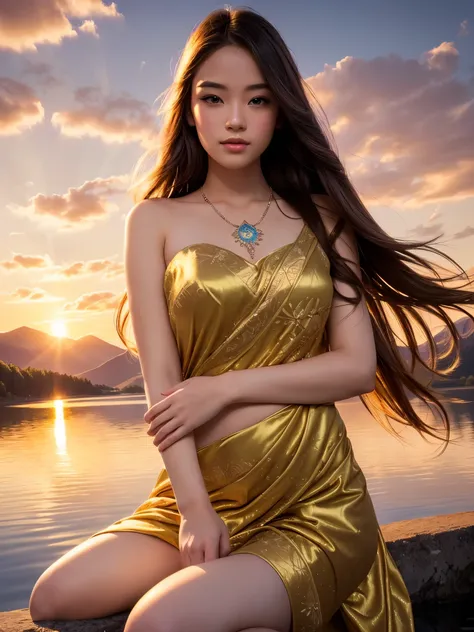 1 girl, serene expression, mesmerizing eyes, straight long hair, flowing dress, poised posture, porcelain skin, subtle blush, crystal pendant BREAK golden hour, (rim lighting):1.2, warm tones, sun flare, soft shadows, vibrant colors, painterly effect, drea...