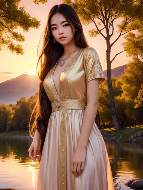 1 girl, serene expression, mesmerizing eyes, straight long hair, flowing dress, poised posture, porcelain skin, subtle blush, crystal pendant BREAK golden hour, (rim lighting):1.2, warm tones, sun flare, soft shadows, vibrant colors, painterly effect, drea...