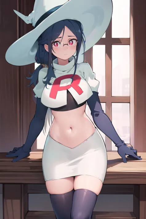 ((best quality)), ((highly detailed)), masterpiece, absurdres, (detailed eyes, deep eyes), (1girl), urca, blue hair, side ponytail, red eyes, white pupils, glasses, breasts, witch hat, team rocket,team rocket uniform,white skirt,red letter R,crop top,black...