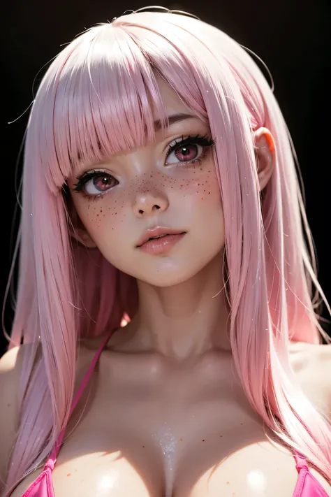 one girl、(tattoos), excellent anatomy, masterpiece, highest quality,realistic, hyperrealistic, 16k hdr,nsfw、long pink hair、strai...