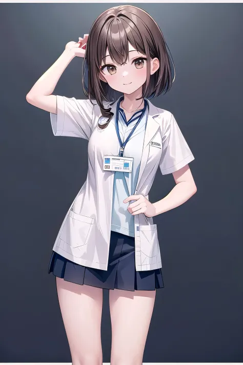 Solo Girl, 20 years old, Medium Hair ,  dark brown hair,  Brown Eyes ,White、cute female doctor 、 medium breast,  happy , laboratory coat , tie,  miniskirt, background is green,  best quality,  high definition ,  very detailed ,  detailed background,  perfe...