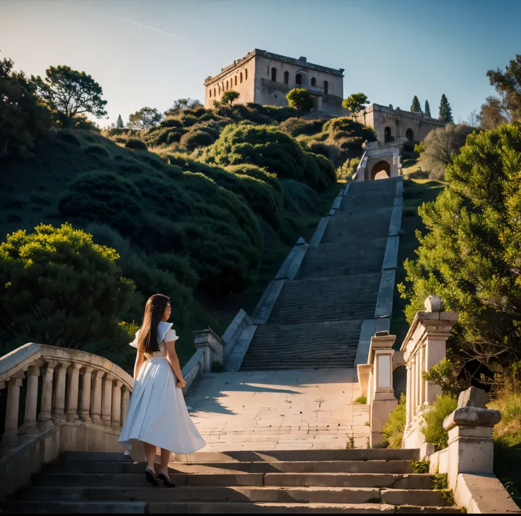 8K quality, Masterpiece,  bright artistic dusk lighting,  super real ,  high chroma, Ancient fortified city landscape pictures,  forest, High ground, (Back view on stairs :1.3), (Ass:1.2), White clothes