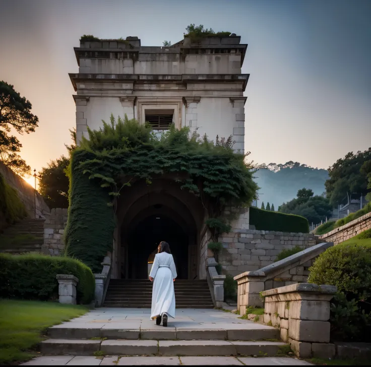 8K quality, Masterpiece,  bright artistic dusk lighting,  super real ,  high chroma, Ancient fortified city landscape pictures,  forest, High ground, (Back view on stairs :1.3), (Ass:1.2), White clothes