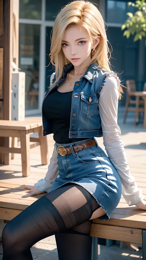 One girl,  Android 18, Blonde,  pretty and sexy girl, She wearing light blonde hair, Medium length shaggy cut hair, She have Very large breasts bouncing, Wearing a very short blue H-line denim skirt, Wearing a denim vest, The denim skirt and denim vest col...