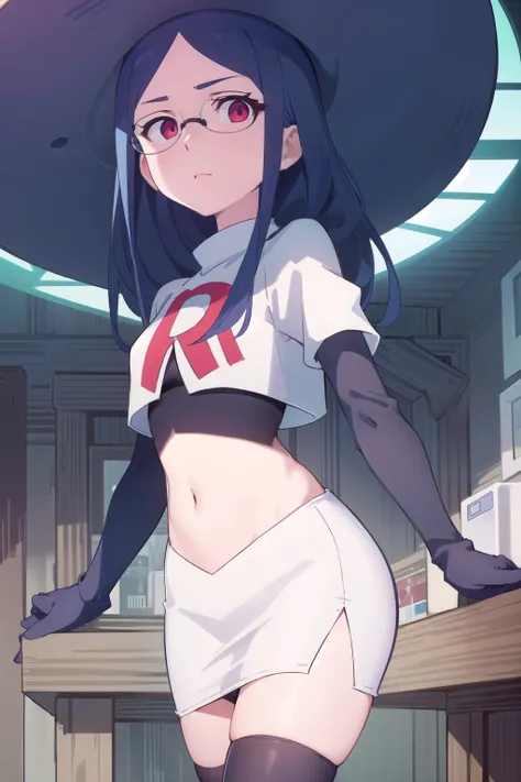 (((pixel-perfect, detail-perfect))), solo, 1girl, ursula callistis, witch, looking at viewer, glasses, team rocket,team rocket uniform,white skirt,red letter R,crop top,black thigh-highs,black elbow gloves, witch hat, cowboy shot,