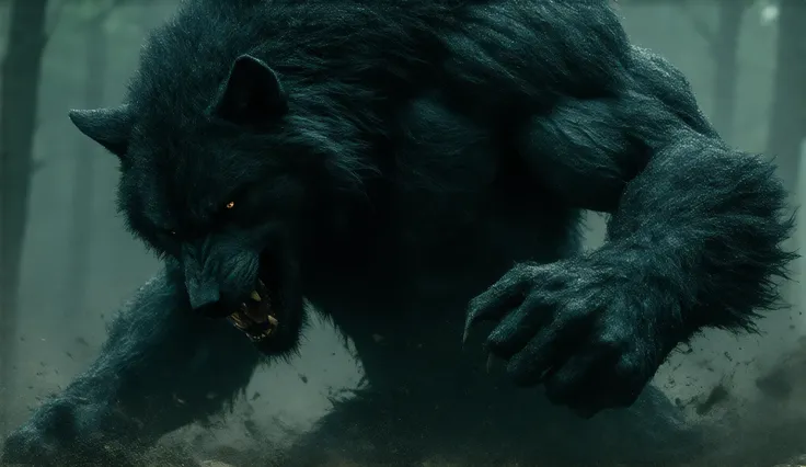  Black werewolf tearing off the arm of another werewolf, in a brutal combat in the middle of the forest ,  Ultra realistic 