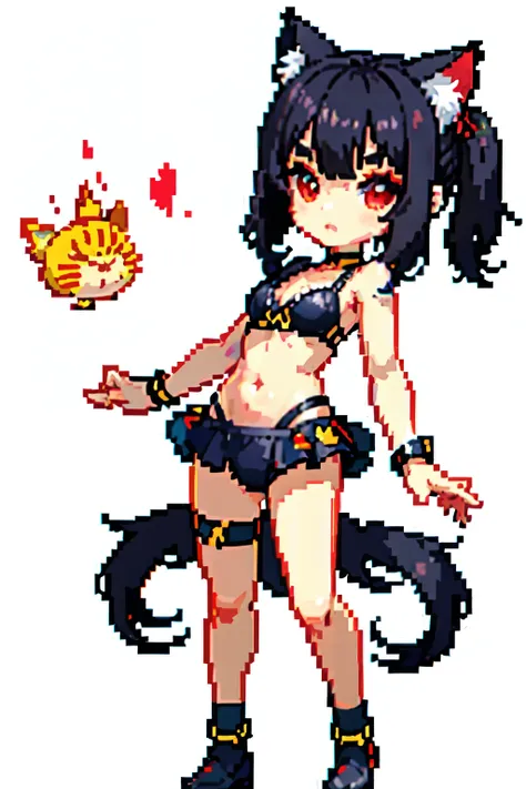 （tmasterpiece，top Quority ， The best quality ），Pix，pixel art，1 girl， full body lesbian，junkotvv, black hair, fringe, cat ears, red eyes，swimwear，saberface 