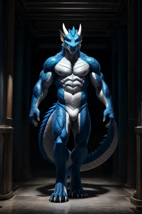 Male white wolf), standing on your feet, solo, musculature, Detailed scale texture, , (Shoulder blades, Leg nails), Blue body,White belly，zori，shadowing，Dim environment，（Chies art，（dragon），（（rakisha）），（kontanagamori）），（up front view），Looks pleased，[simple ...