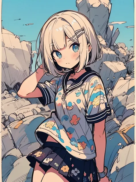 solo, upperbody, black short bob, Camouflage geometric print clothe, black mini skirt, clear blue sky, square rock, a place I have fond memories of visiting after a long time, nostalgic, (manga style), (sketch), (illustration)