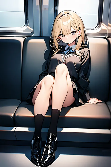 young woman blonde school uniform black skirt, socks,  high-heeled boots sitting inside a subway car at night. 