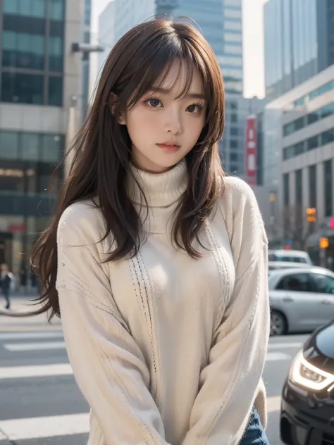 product quality, 1 girl, cowboy shot, front view, a Japanese young pretty girl, at night, wearing a black knitted turtleneck sweater, wearing mini skert, hyper cute face, glossy lips, double eyelids for both eyes, (natural makeup), shiny smooth light brown...