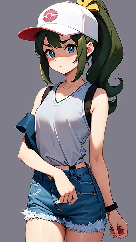 masterpiece,best quality,ultra-detailed,illustration,an extremely delicate and beautiful,hilda,pokemon,brown hair,blue eyes,ponytail,baseball cap,black vest,shirt,curly hair,cutoffs,denim,denim shorts,high ponytail,long hair,shirt,sidelocks,simple backgrou...