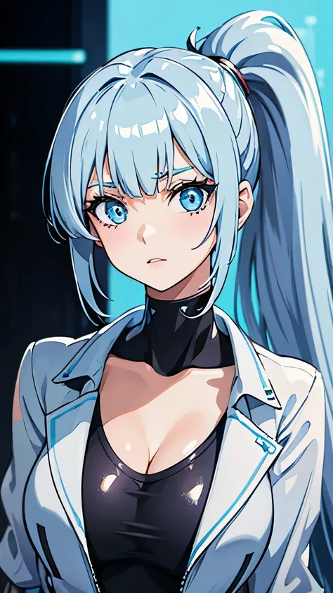 Masterpiece, best quality, 1 girl, solo, cyberpunk style makeup, silver asymmetrical hairstyle, long bangs on one side, anime style, light blue eyes, blurry eyes, light blue lower lip, princess with high ponytail, sideways, big breasts, shirt, light blue b...