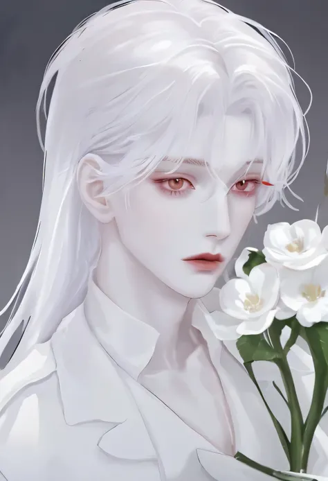 , man,   white hair, light crimson eyes , red eyes, red eyes, sharp features, traits,  white skin , a flower in the hair,  white skin  de porcelana pálida, pale porcelain skin,  white skin  de porcelana,  pale milky white porcelain skin , pale and shiny sk...