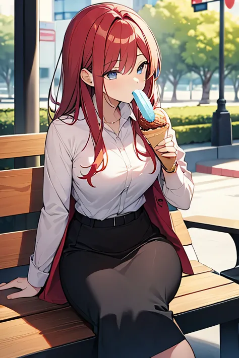 red-haired adult woman in office clothes sitting on a park bench while eating ice cream.