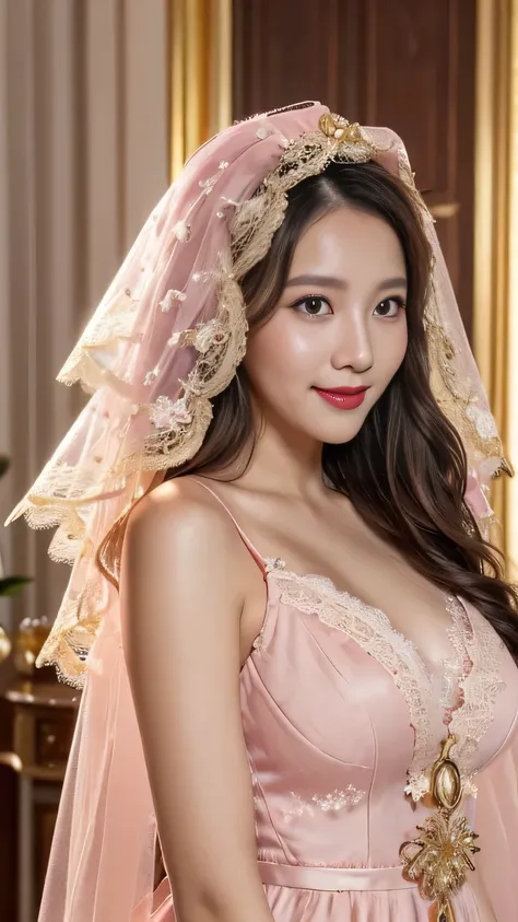 woman ((30 year old)), hair ((light pink, wavy)), eyelue, small eyes)), ((long dress, long slevees, lace trim)), accessories ((gold ornament, veil)), gigantic breast, big , classic house, korean make-up look, smiling expression, red lips, bright lighting 