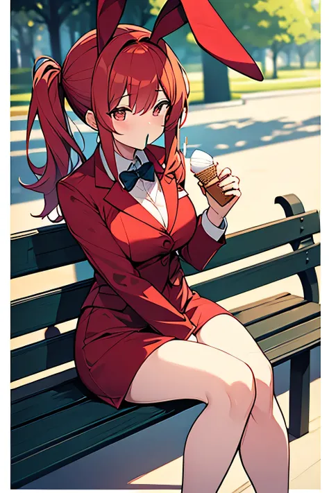 Adult woman red-haired rabbit ears playboy suit sitting on a park bench while eating ice cream.