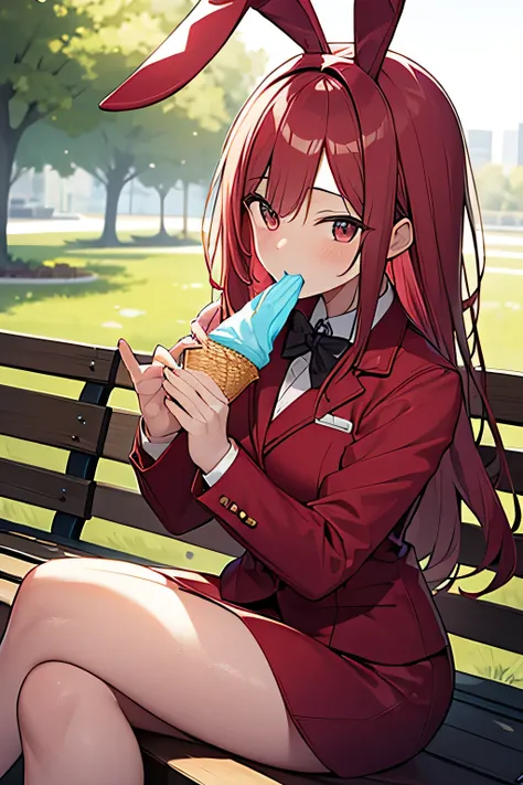 Adult woman red-haired rabbit ears playboy suit sitting on a park bench while eating ice cream.