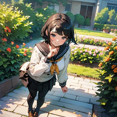 ( best quality,  high definition ,  super detailed, Realistic:1.37), Peaceful atmosphere, (Outdoor, garden),  Teenage Girl Standing Alone,(My breasts are large.),Beautifully detailed features,  cute smile with blush, ((Black Bob)),Long sleeve sailor suit, ...