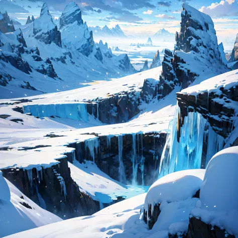 landscape, (ice world), ice age, glacial world, glacial cliffs, higher than overcast, (ice mountains in distance), (looking down overcast), BREAK, (1 seraph standing), (she has 12 wings), very short chemise dress