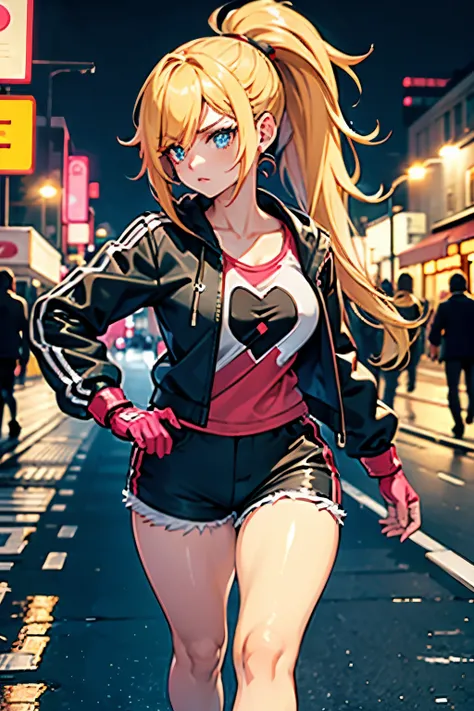 girl, long side bangs, long flowing ponytail, blonde with red highlights on hair, red stripes on hair, wasteland outfit, thick eyelashes, ultra detailed face, idol, black shorts, pink jacket, black n white t shirt, streets adornments, black sneakers, finge...