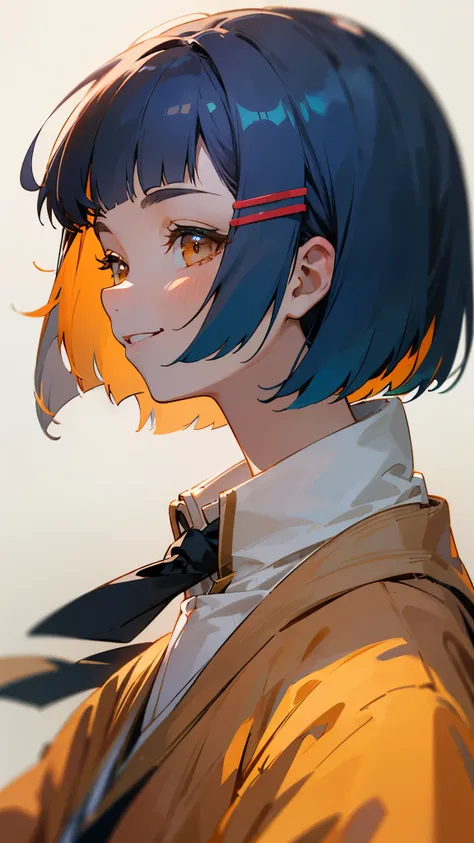  1 Girl 、Closeup of 1 person 、Camel Colored Clothes 、 Shiny Dark Blue Hair、 bob cut from the front、 tie your hair with orange hair clips、 Beautiful Brown Eyes 、wicked smile、joy、From the side、 Upper Body Closeup 