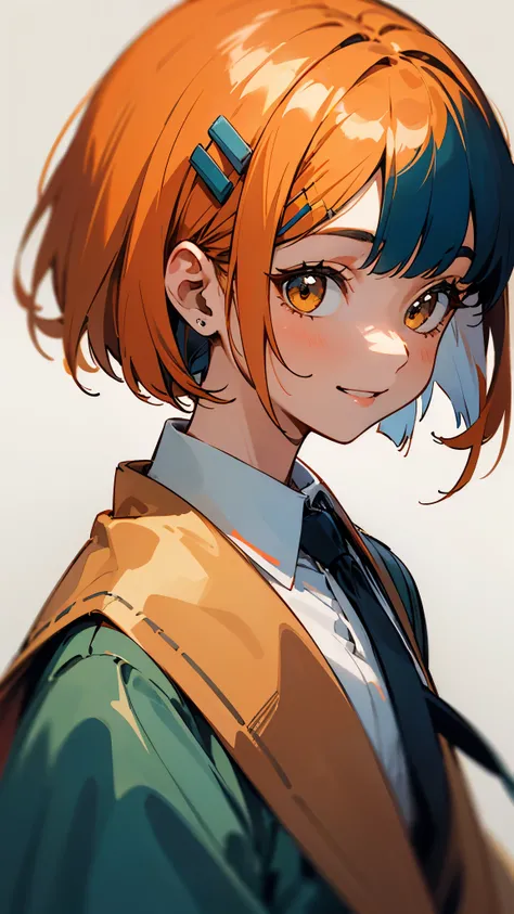  1 Girl 、Closeup of 1 person 、Camel Colored Clothes 、 Shiny Dark Blue Hair、 bob cut from the front、 tie your hair with orange hair clips、 Beautiful Brown Eyes 、wicked smile、joy、From the side、 Upper Body Closeup 