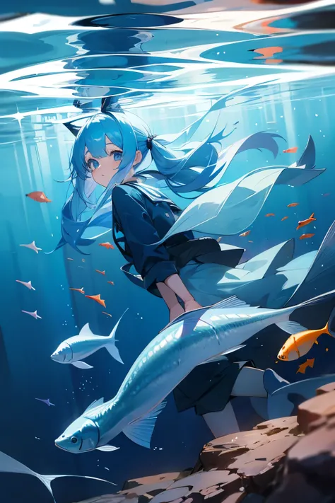 girl girl twin tail light blue hair long twin tail deep sea fish blue sea deep top quality, The fantastic fantastic sea that sinks